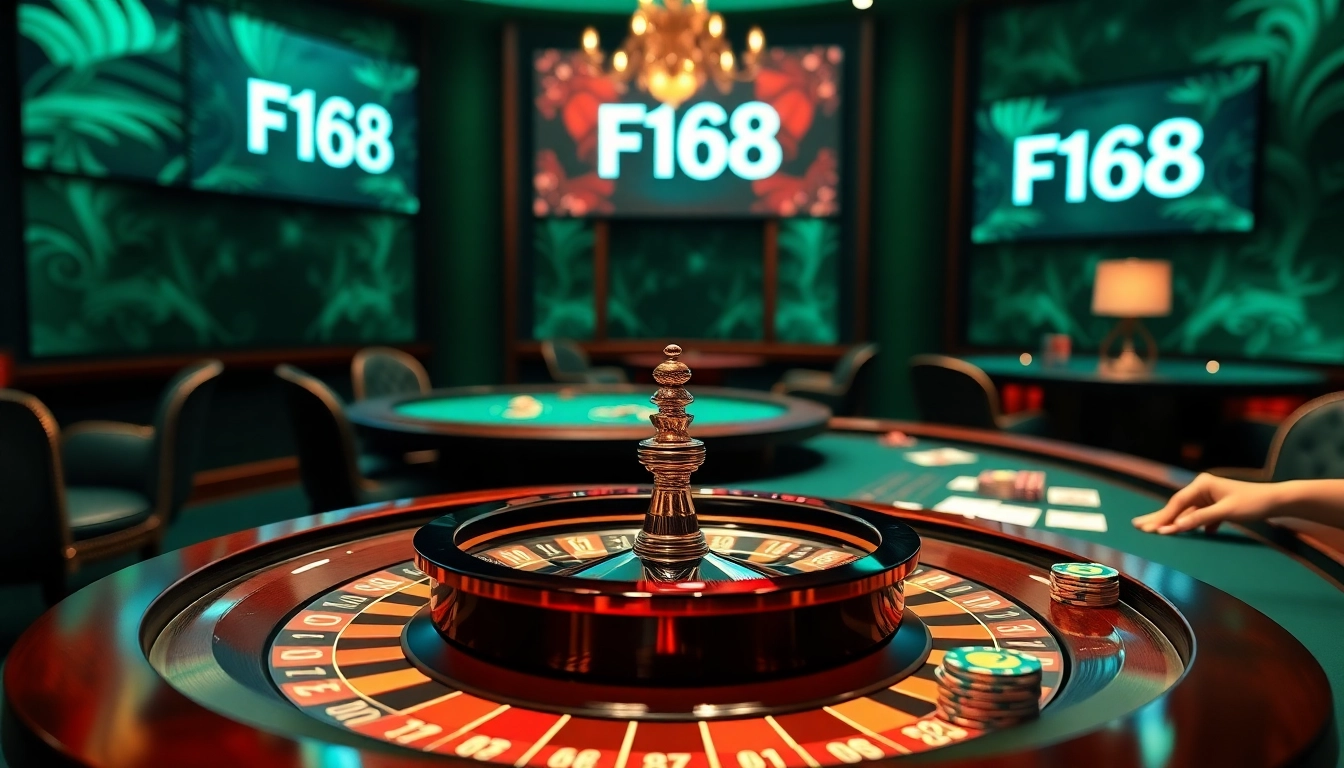 Experience thrilling gameplay at F168 with a luxurious casino setup featuring roulette, poker, and vibrant colors.