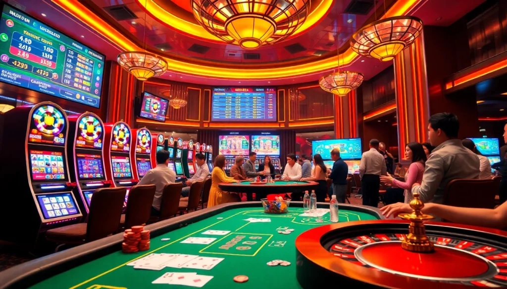 Experience the thrill of red88 đăng nhập with an engaging online casino scene featuring vibrant slot machines and exciting betting.