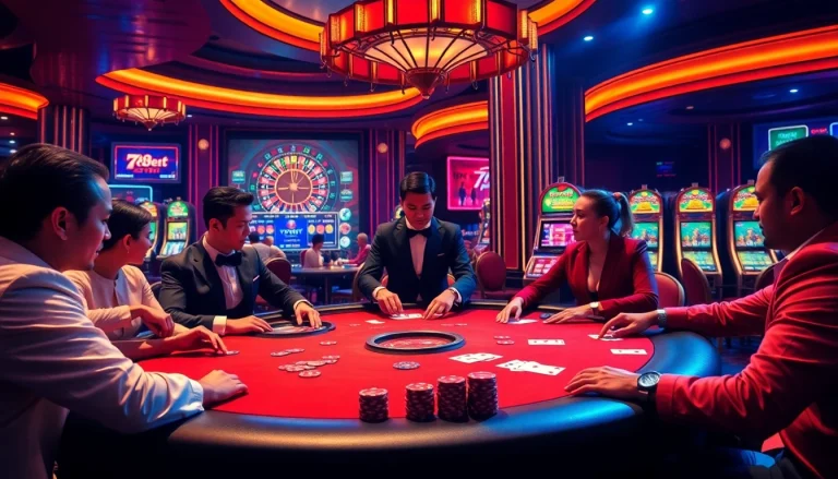 Experience the excitement of 788bet with players engaged in a thrilling poker game at a luxurious casino table.