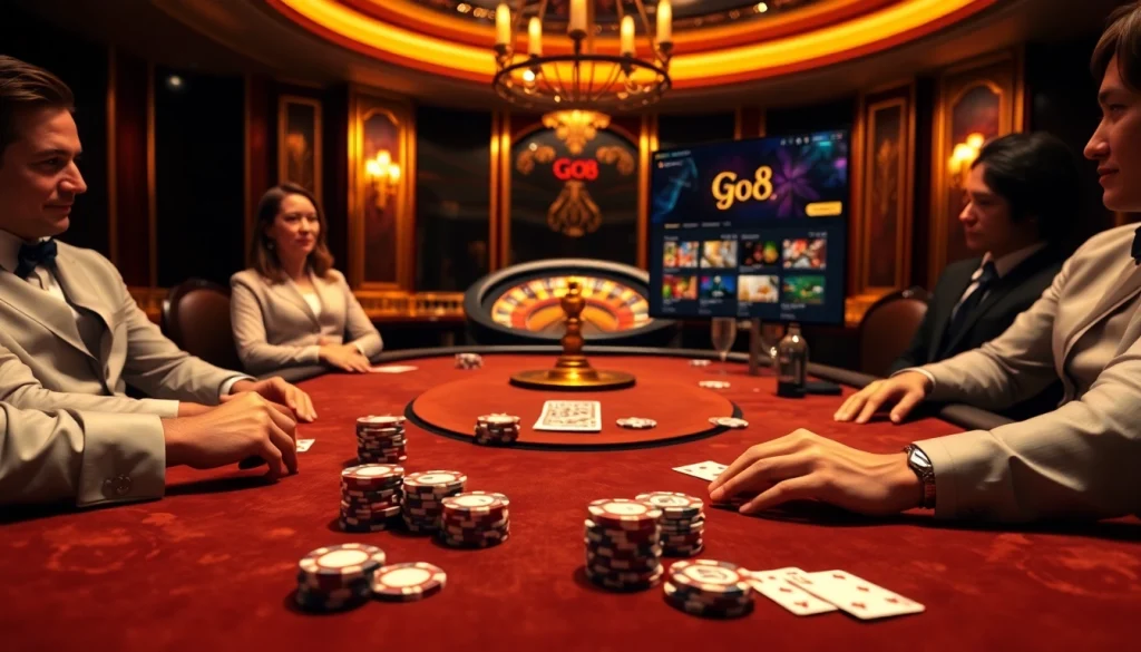 Go8 gamblers placing bets on an elegant poker table in a luxurious casino.