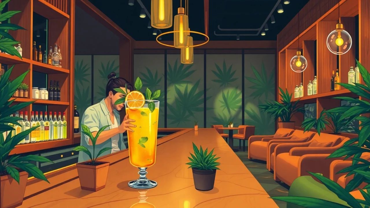 Experience the cannabis vibe at a stylish bar featuring moonbarguy thcp-infused drinks in elegant glassware.