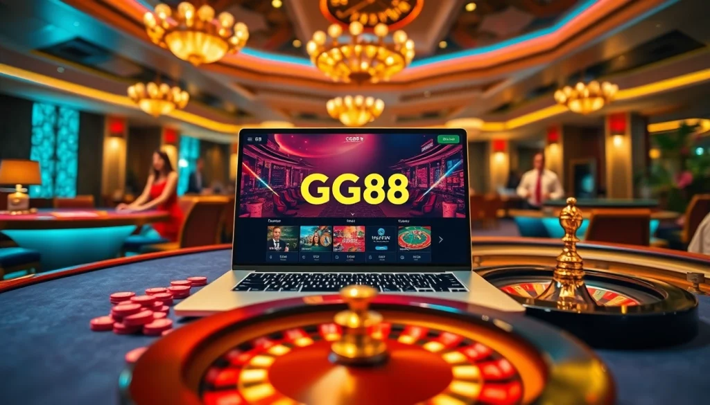 Experience the excitement of GG88 online casino with poker chips and a roulette wheel in action.