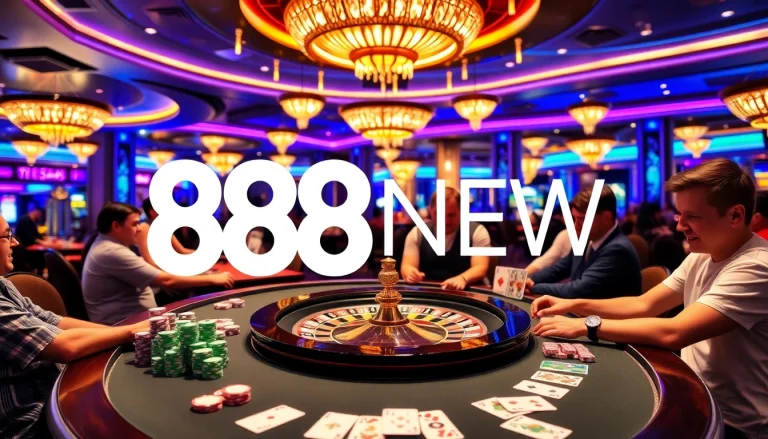 A thrilling gaming scene at 888NEW featuring poker chips and roulette wheel in a luxurious casino.