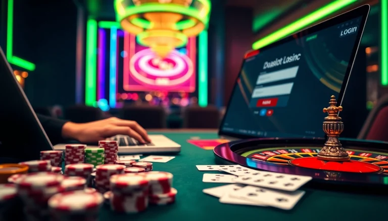 Engaging scene of players experiencing doaslot login at an online casino, surrounded by vibrant gambling visuals.