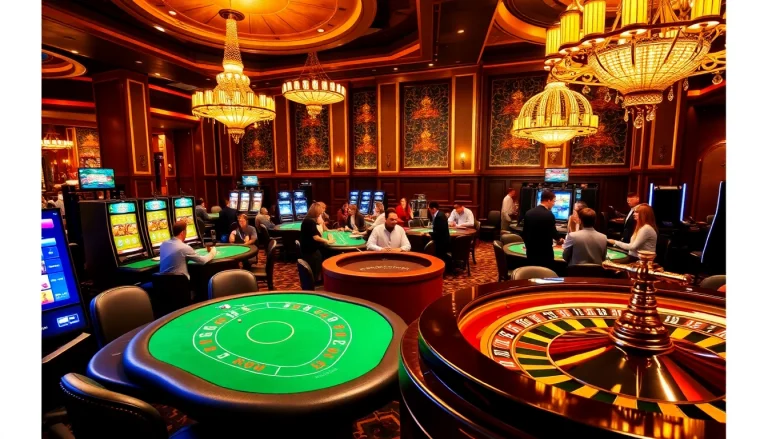 Players enjoy thrilling games at the luxurious rikvip casino, featuring vibrant tables and slot machines.