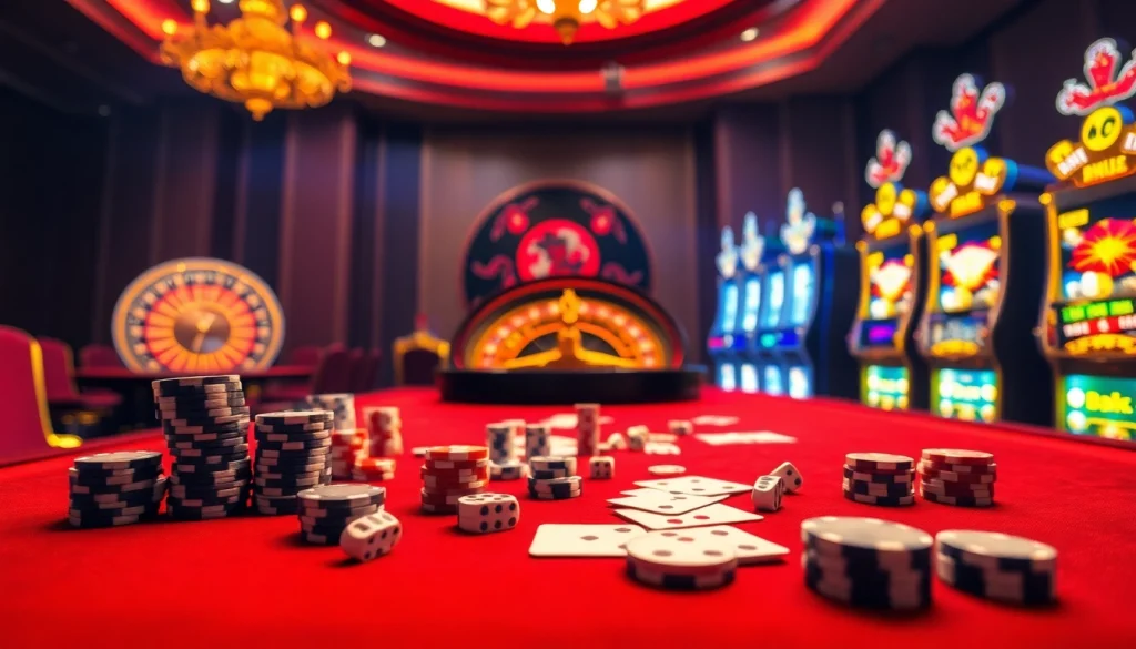 Experience the thrill of gambling with jun88.com through vibrant casino visuals featuring poker chips and roulette wheels.