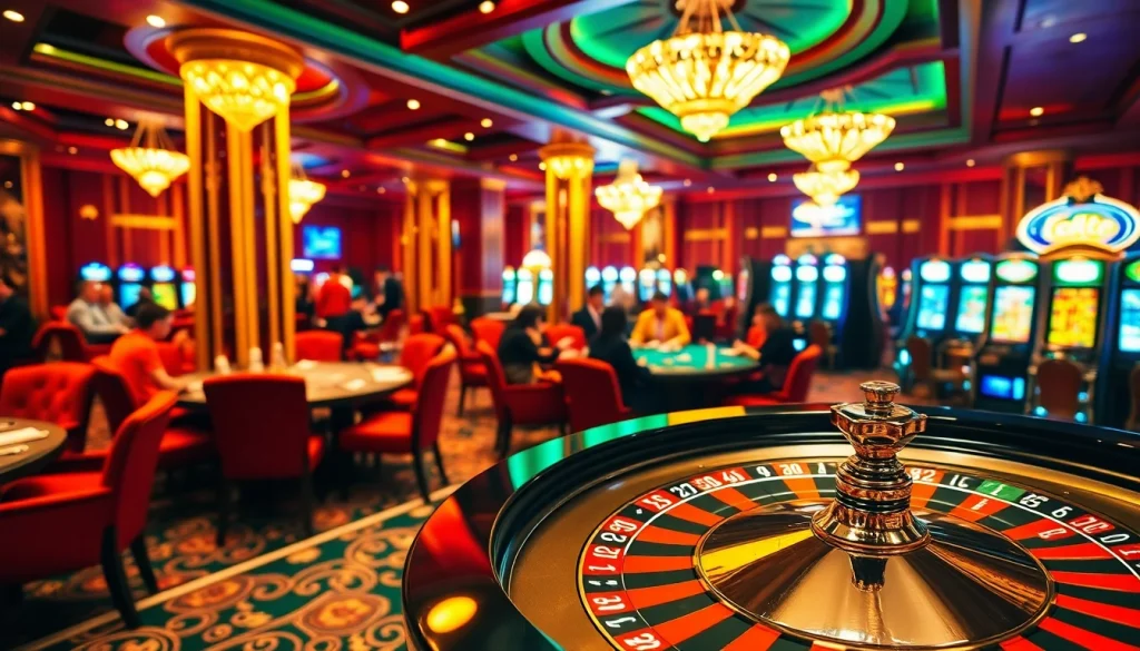 Excited players engaging in roulette and slot machines at ok365.free casino, showcasing thrilling gaming atmosphere.