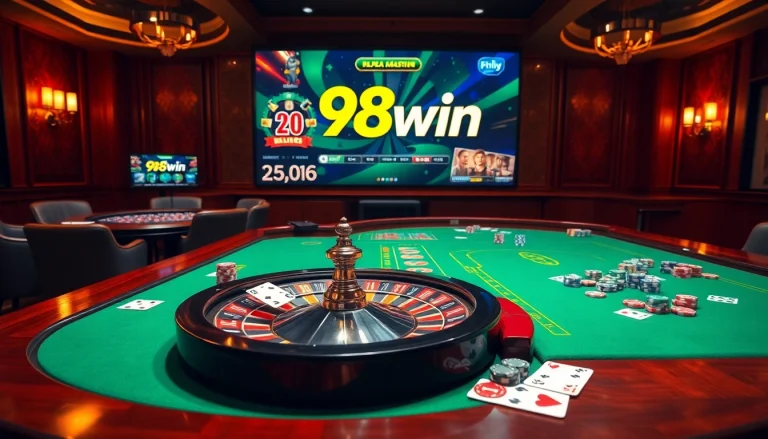 Experience the excitement of gambling at 98win casino with vibrant tables, chips, and turning roulette wheel.