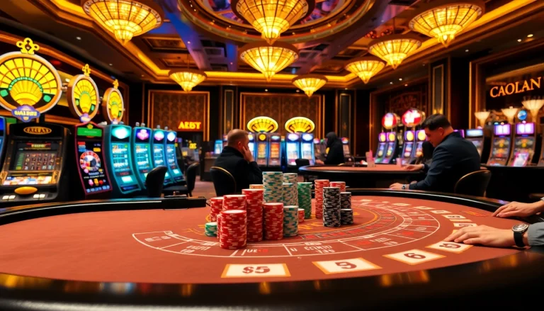 Players strategizing at Lc88 baccarat table with vibrant casino atmosphere.