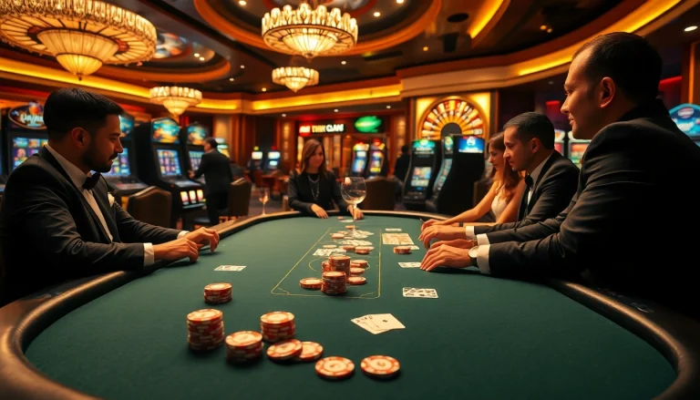 KJC poker players engrossed in a high-stakes game at a luxurious casino table.