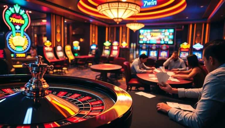 Players at a poker table enjoying games with 789win branding in a luxury casino setting.