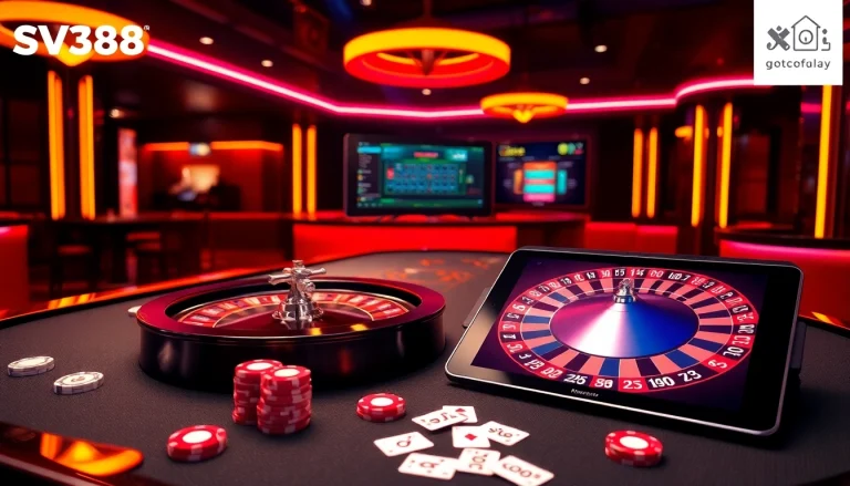 SV388 casino table with vibrant poker chips, cards, and a spinning roulette wheel.