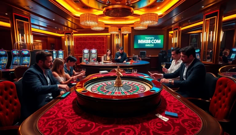 Experience the excitement of MM88COM with players at a luxurious casino table, vibrant chips, and cards.