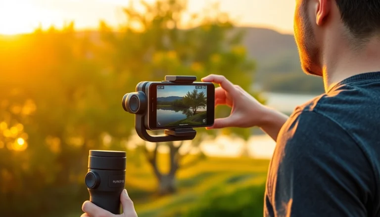 Professional videographer using a phone gimbal to capture stunning sunset footage outdoors.