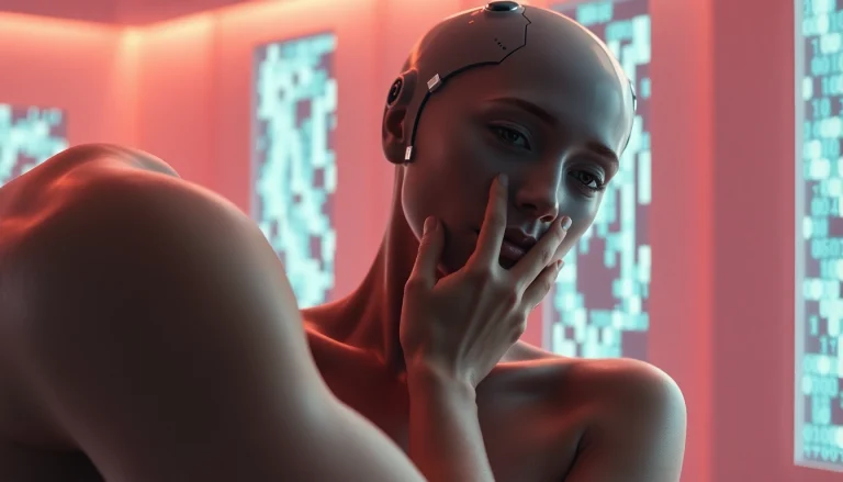 Engaging visual of a human and AI interaction, representing sex AI's emotional intimacy in a warm, ambient setting.