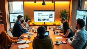 Collaborative content creation scene representing bloglabs.wiki with diverse individuals brainstorming ideas.