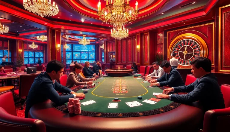 Players enjoying an intense poker game at https://bet88b.us.com/, surrounded by vibrant casino decor and excitement.