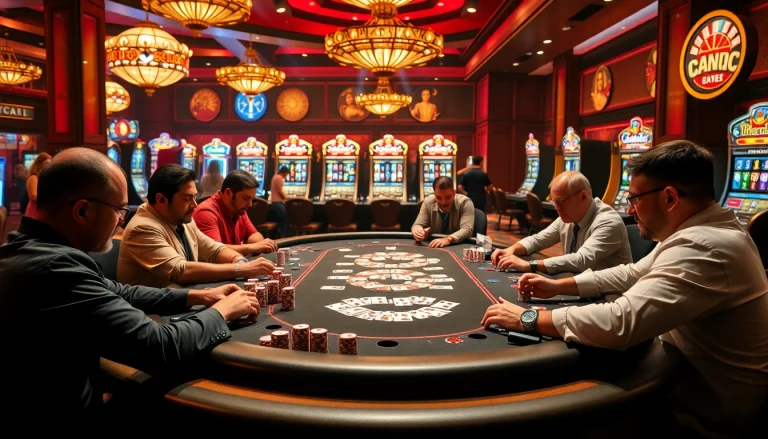 Players at a U8888 poker table in a luxurious casino setting, showcasing excitement and strategy.