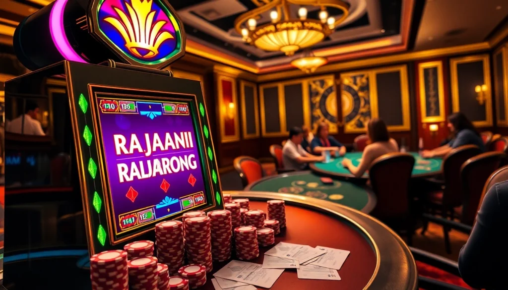 Experience the thrill of RAJABARONG at a luxurious casino, showcasing slot machines and poker action.