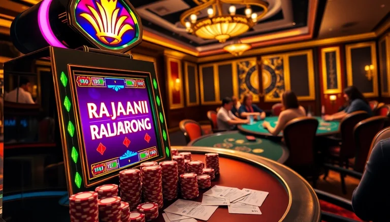 Experience the thrill of RAJABARONG at a luxurious casino, showcasing slot machines and poker action.