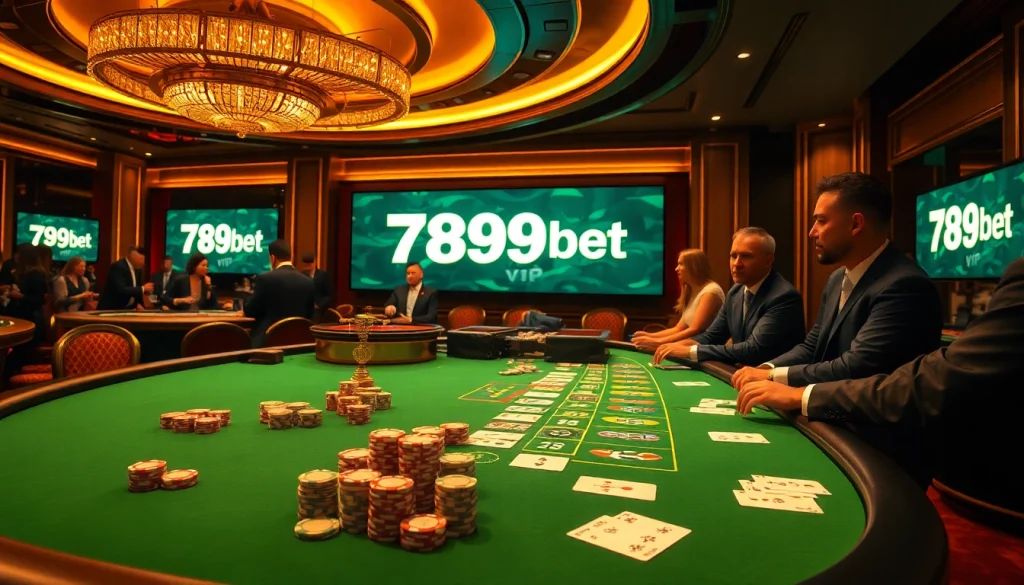 A high-stakes poker game featuring 789bet vip players surrounded by luxurious casino decor.