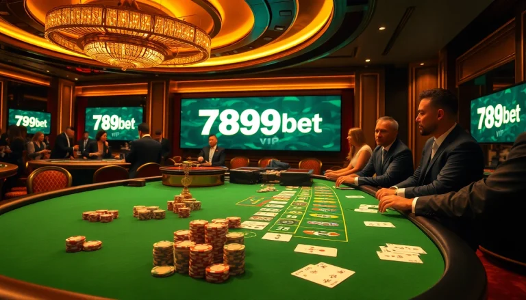 A high-stakes poker game featuring 789bet vip players surrounded by luxurious casino decor.