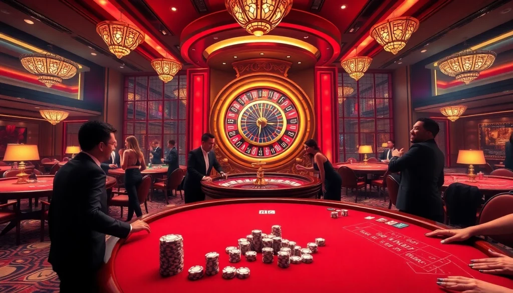 KJC players strategizing at a luxurious casino table with poker chips and cards.