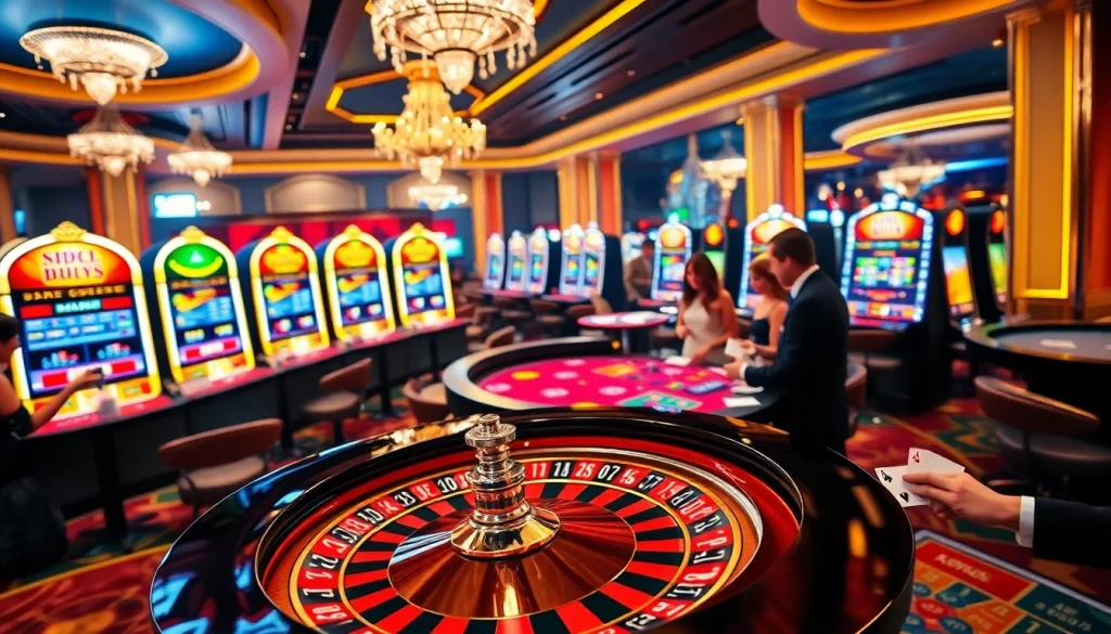 Engaging casino scene at https://kkwinb.com/ featuring roulette, vibrant players, and slot machines.