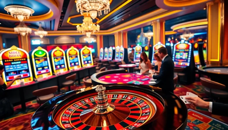 Engaging casino scene at https://kkwinb.com/ featuring roulette, vibrant players, and slot machines.