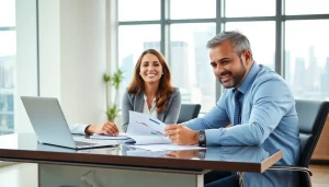 Consulente finanziario che spiega le opzioni della Legge 3 Debiti a un potenziale cliente in un ufficio moderno.