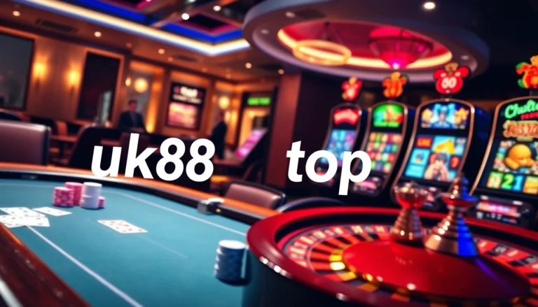 Experience the excitement of gambling at uk88 top with vibrant slot machines and an elegant roulette wheel.