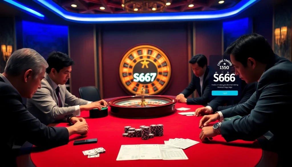 S666 dang nhap at a luxurious casino table with poker chips and a spinning roulette wheel, showcasing excitement and strategy.