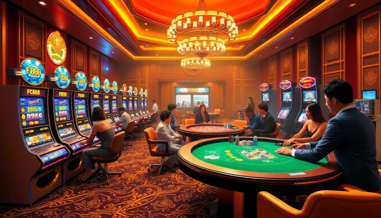Experience the thrill of gambling at FC88 with a vibrant casino scene showcasing slots and poker.