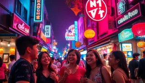 Experience the vibrant 호치민밤문화 as friends enjoy the lively nightlife featuring karaoke and street food.