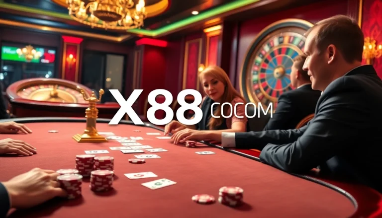 Engaged poker players enjoying a game at a luxurious casino table with XX88 COM branding.