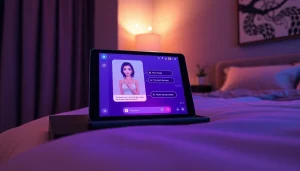 Engaging AI sexchat interaction on a modern tablet in a cozy bedroom setting.