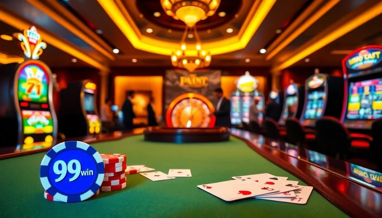Gambling at a 99win table showcasing cards and chips in a luxurious casino setting.