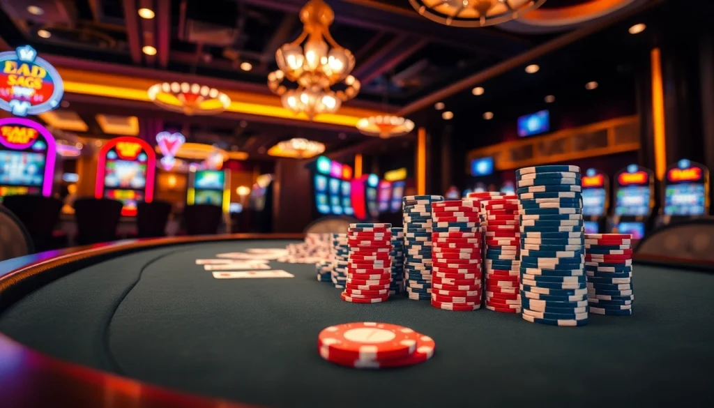 Engaging action at a high-stakes poker table at https://fabet.free/ with vibrant chips and cards, emphasizing luxury.