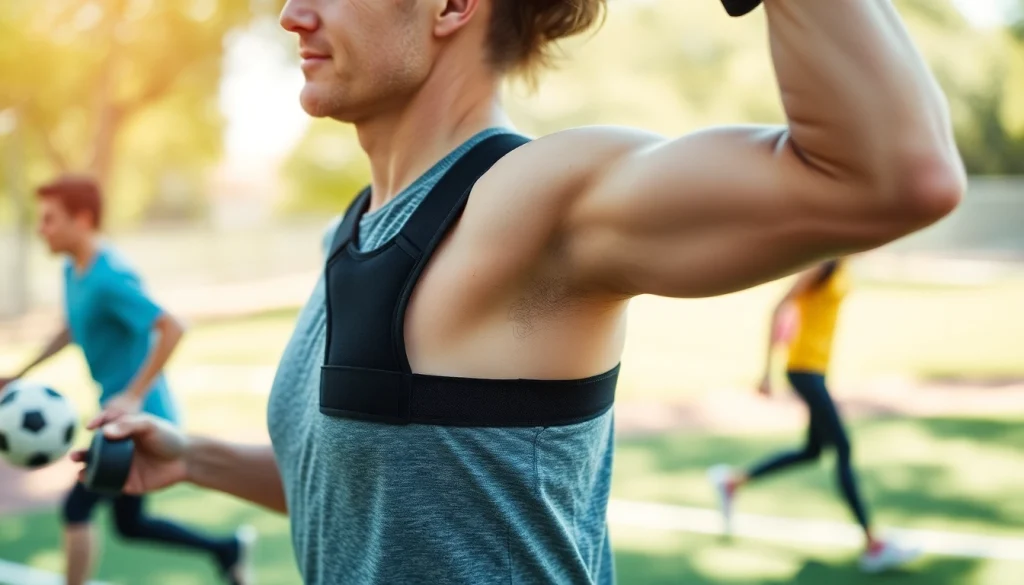 Best double shoulder support brace showcased in an active lifestyle setting, emphasizing comfort and mobility.
