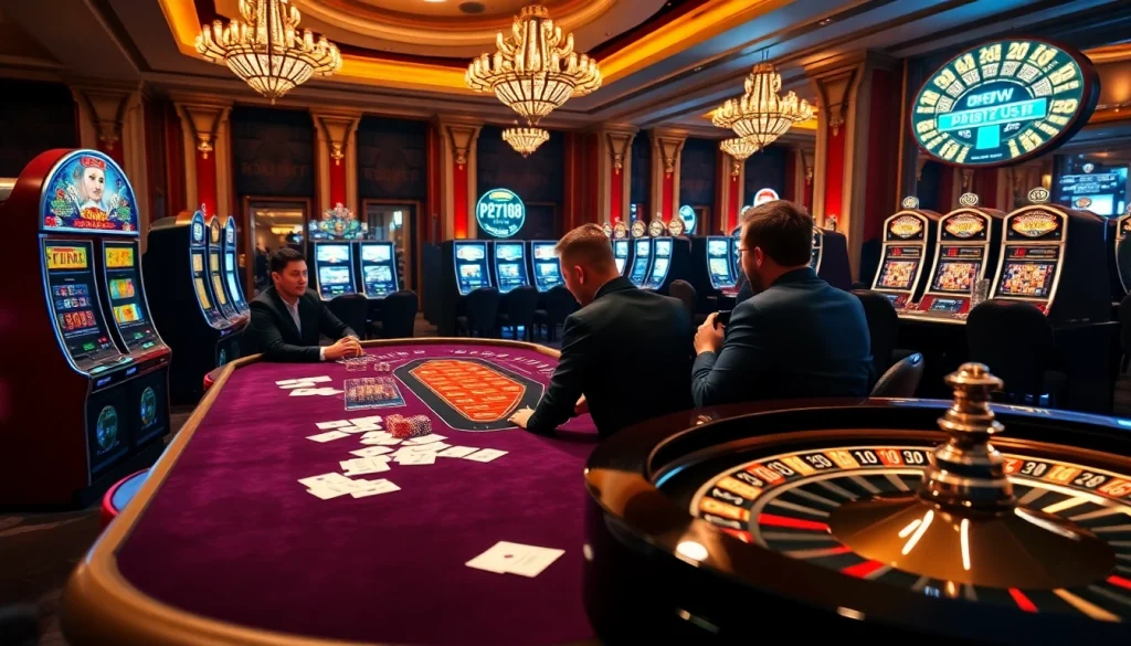 High-stakes poker action at https://jun88buzz.info/ casino, with vibrant slot machines and a roulette wheel.