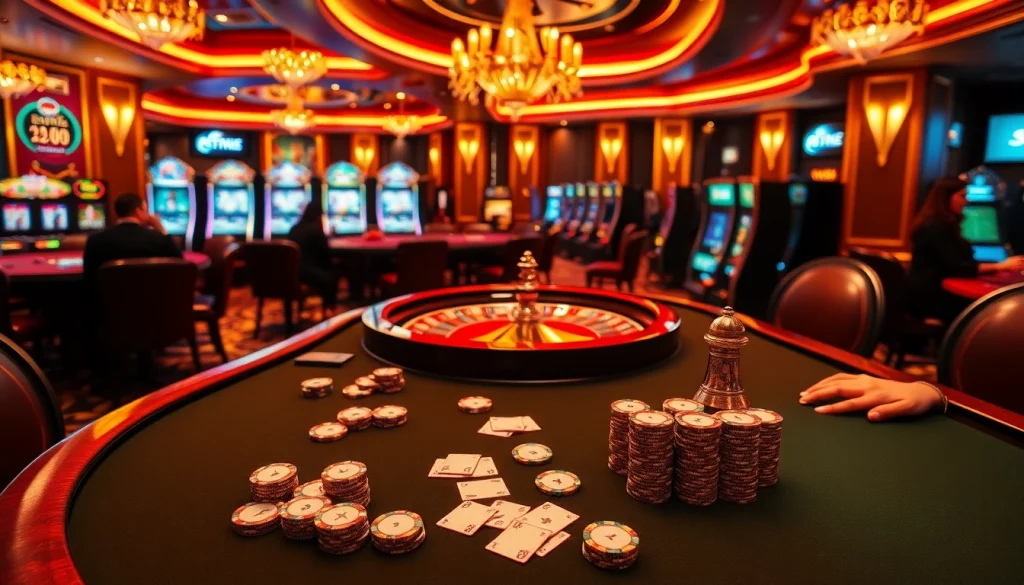 The vibrant casino scene showcases players at a poker table and slots, emphasizing nhà cái bet88's excitement and luxury.