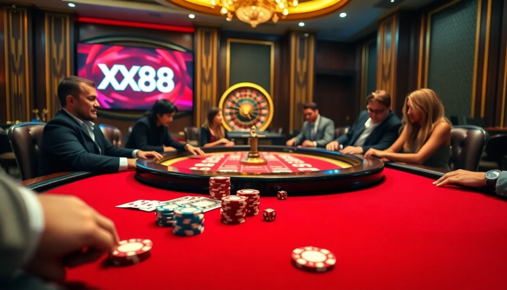 Spark excitement at XX88's casino with players engaging in high-stakes blackjack under ambient lighting.