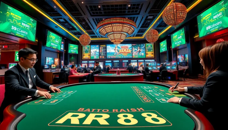 Experience the thrilling atmosphere of RR88's online gaming scene with lively baccarat players and professional dealers.