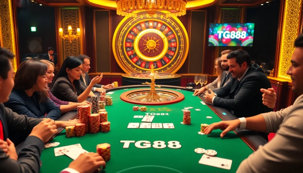 TG88 captures the excitement of a high-stakes poker game at a luxurious casino with vibrant colors and luxurious decor.