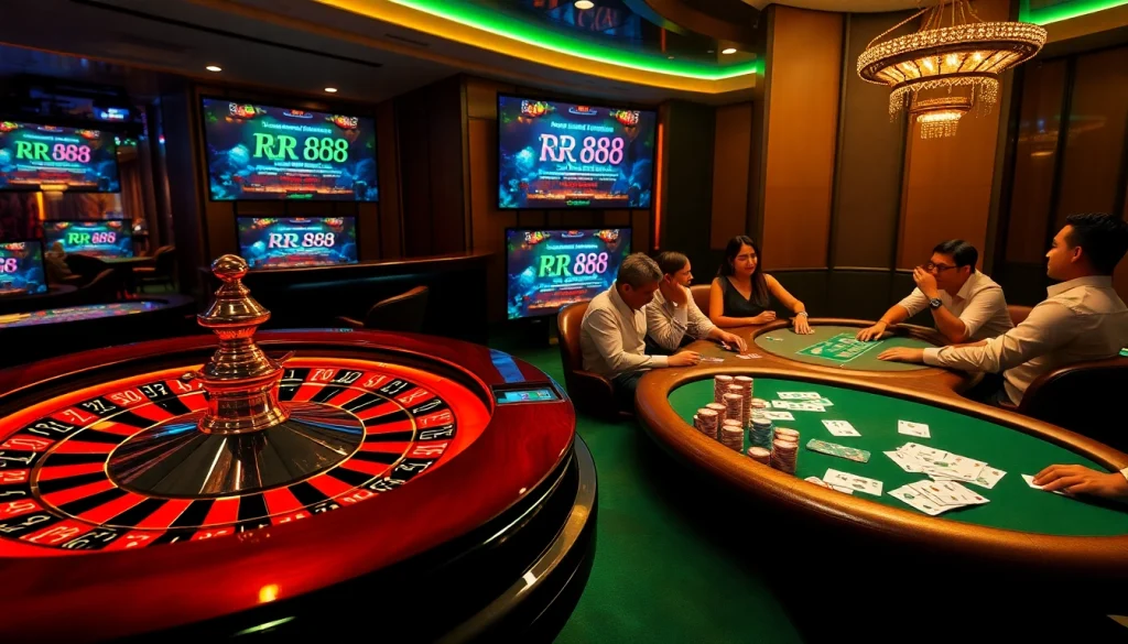 Experience the thrill of RR 88 with vibrant casino tables and exciting games in a luxurious setting.