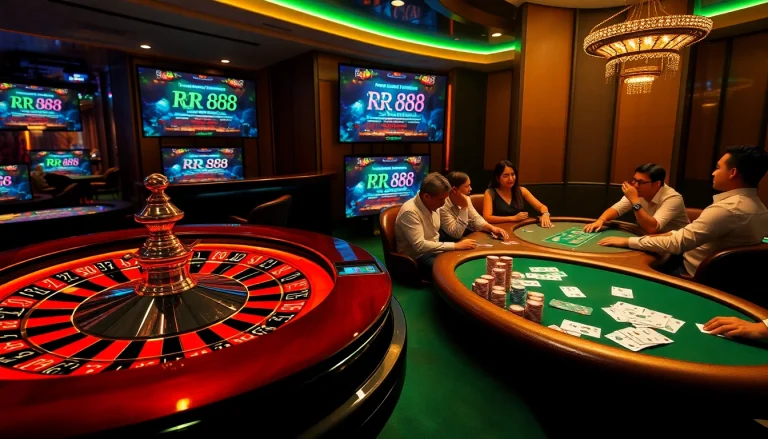 Experience the thrill of RR 88 with vibrant casino tables and exciting games in a luxurious setting.