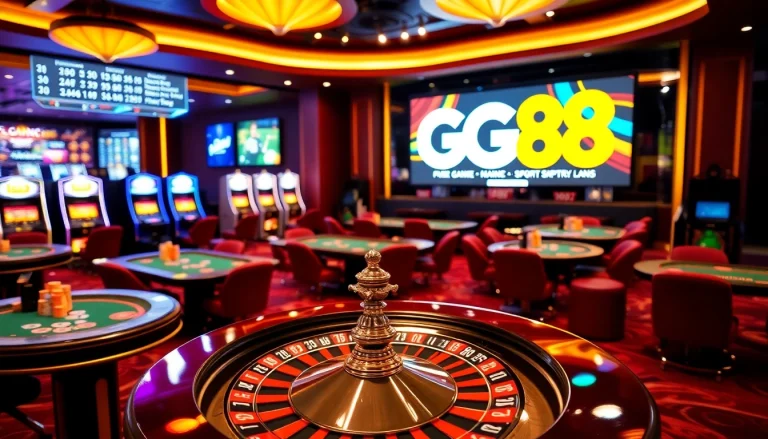 Engaging scene showcasing nhà cái GG88 casino tables with vibrant gameplay and luxury elements.