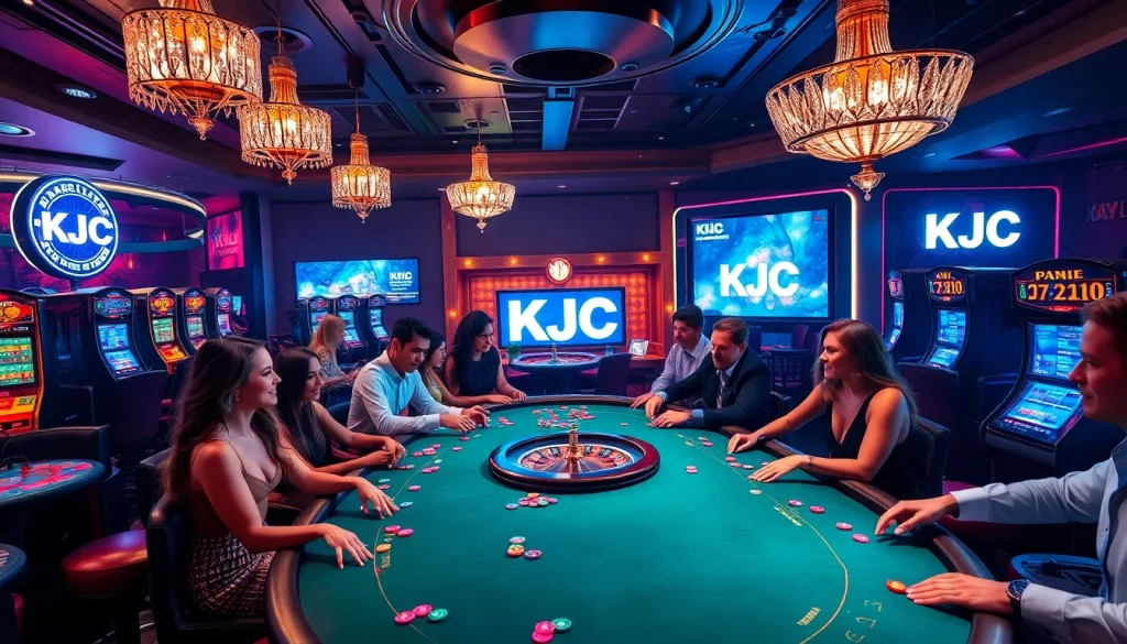 KJC casino scene showcasing vibrant poker gameplay with glamorous players and spinning roulette wheel.