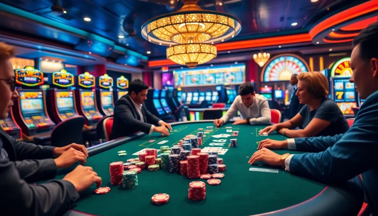 Players enjoy high-stakes poker action at a luxurious casino, highlighting win55 excitement.
