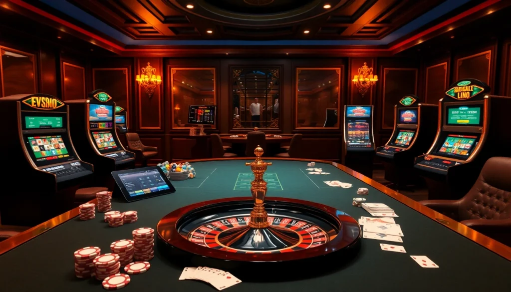 Experience the thrill at Nhà cái EV88 casino with high-quality poker chips and vibrant slot machines.